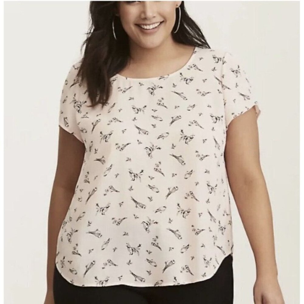 Torrid Georgette Bow Back Pink Allover Bird Print Blouse Top Sz 2X